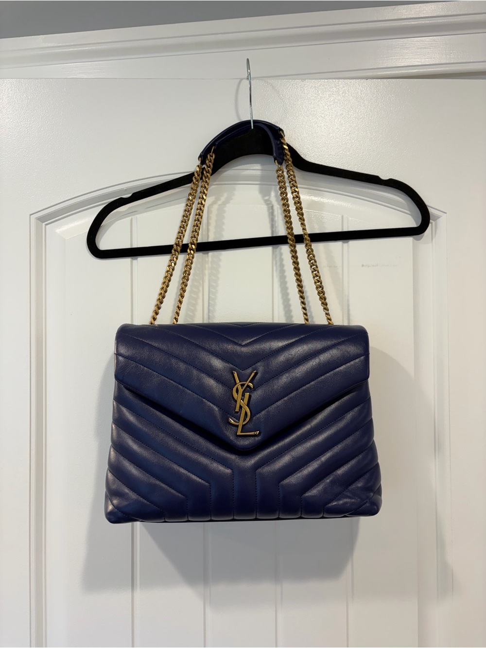 Saint Laurent Dark Blue Quilted Chevron Shoulder Bag with Gold Hardware